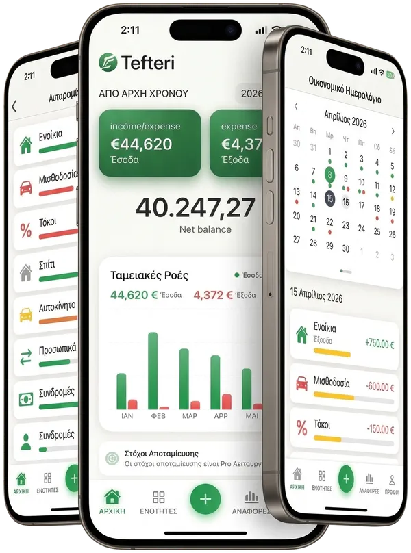 Tefteri app screenshots showing dashboard, categories, and financial calendar
